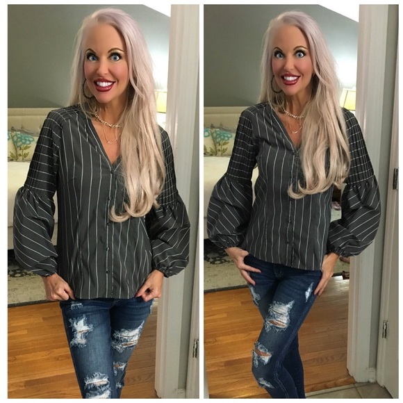 LAST 2! ❤️Charcoal Gray Striped Top! - Picture 2 of 2